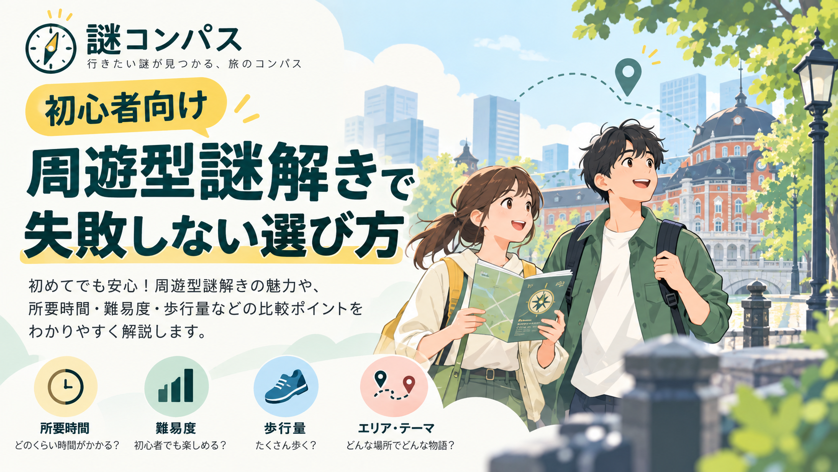 初心者向け：周遊型謎解きで失敗しない選び方｜難易度・時間・歩行量・屋内外・人数の目安