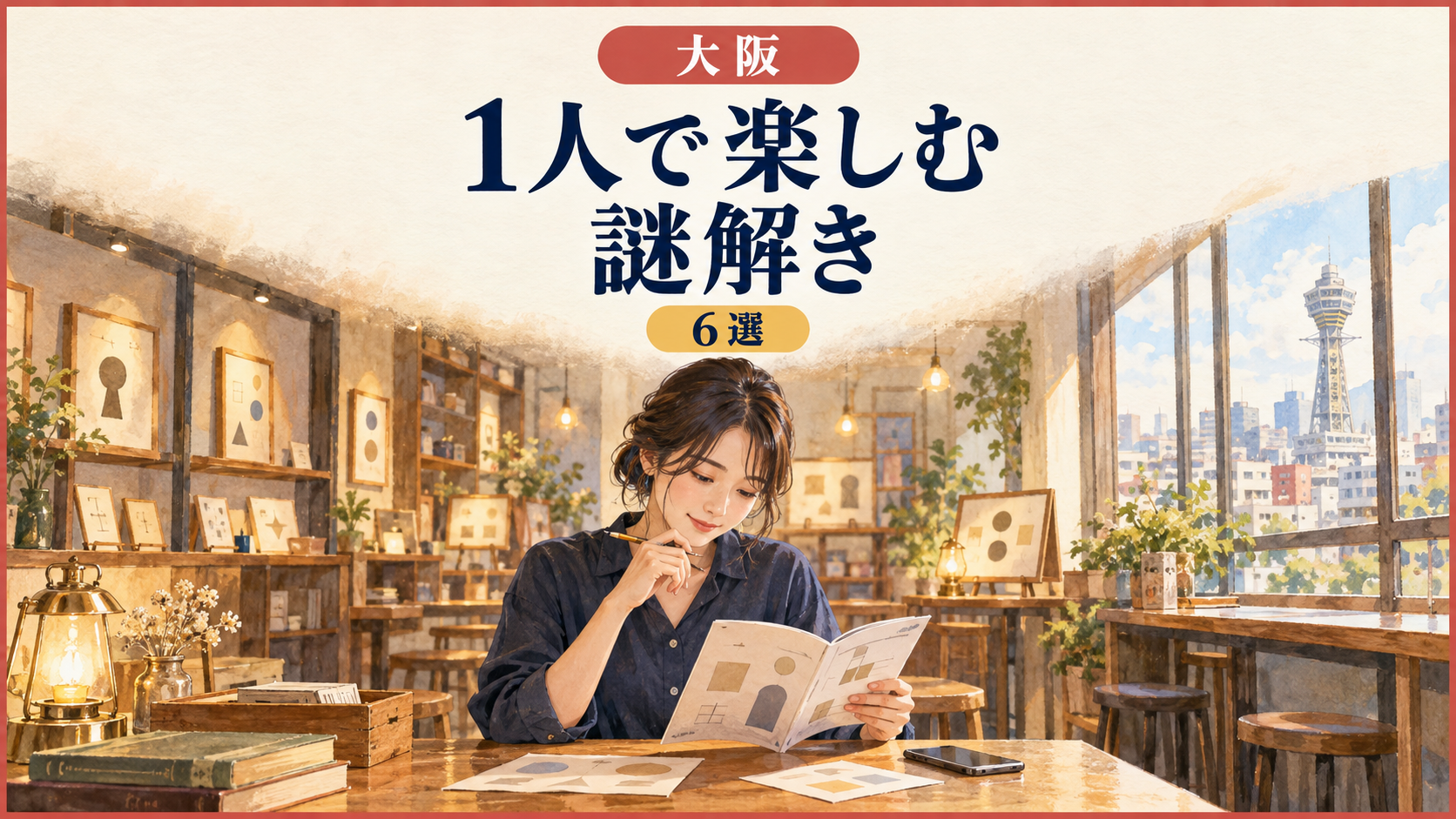 大阪の館内で1人で冊子を読みながら謎を考える女性。大阪の1人参加向け謎解き6選の表紙