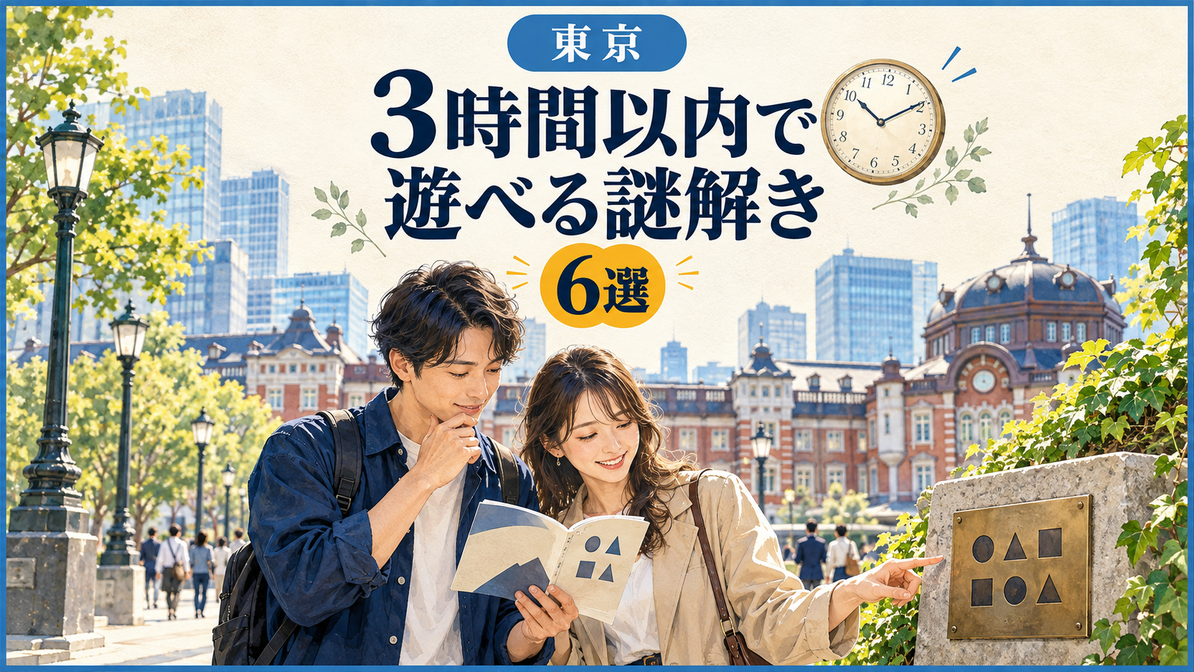 東京駅を背景に謎解きを楽しむ二人を描いた、東京で3時間以内に遊べる謎解き6選の表紙イラスト